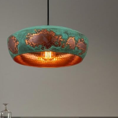Dome Pendant Light – Patina Green Copper Hanging Lamp – Hammered Handmade Ceiling Light Fixture
