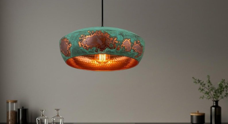 Dome Pendant Light – Patina Green Copper Hanging Lamp – Hammered Handmade Ceiling Light Fixture