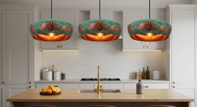 Dome Pendant Light – Patina Green Copper Hanging Lamp – Hammered Handmade Ceiling Light Fixture