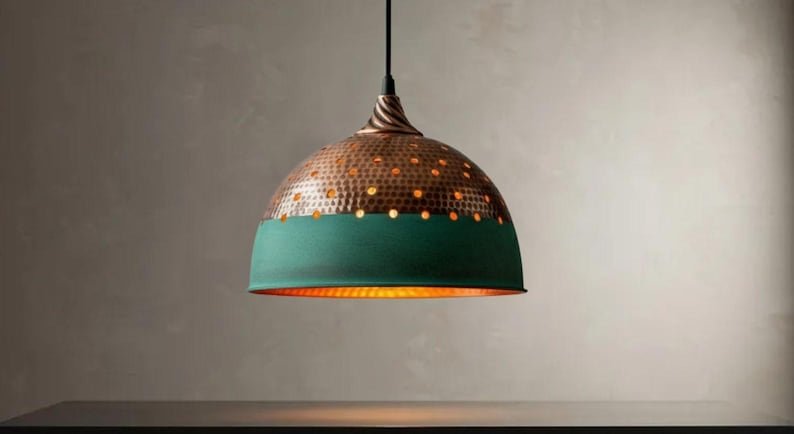 Industrial lighting, Copper Dome Ceiling Pendant Lamp, Rustic chandelier, Hanging Light, Green Patina Lighting,