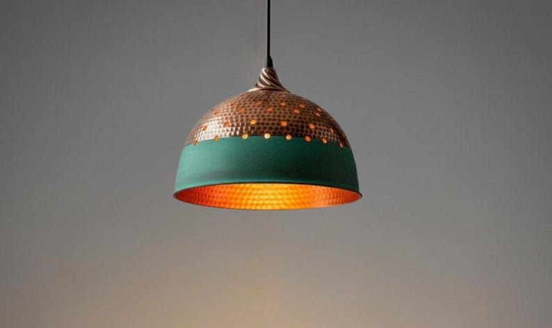 Industrial lighting, Copper Dome Ceiling Pendant Lamp, Rustic chandelier, Hanging Light, Green Patina Lighting,