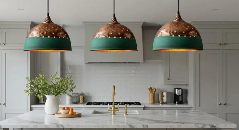 Industrial lighting, Copper Dome Ceiling Pendant Lamp, Rustic chandelier, Hanging Light, Green Patina Lighting,