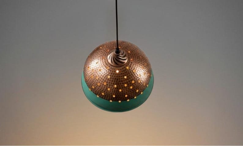 Industrial lighting, Copper Dome Ceiling Pendant Lamp, Rustic chandelier, Hanging Light, Green Patina Lighting,