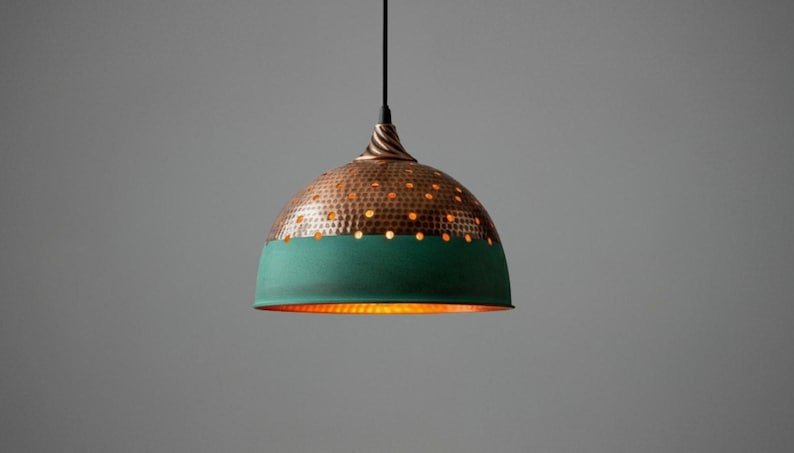 Industrial lighting, Copper Dome Ceiling Pendant Lamp, Rustic chandelier, Hanging Light, Green Patina Lighting,