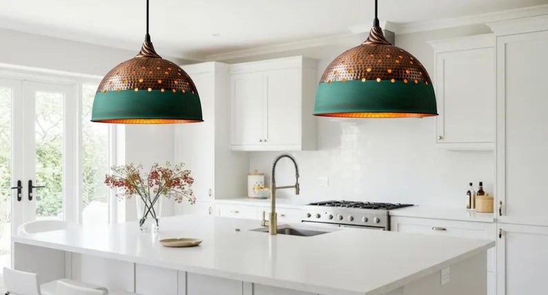 Industrial lighting, Copper Dome Ceiling Pendant Lamp, Rustic chandelier, Hanging Light, Green Patina Lighting,