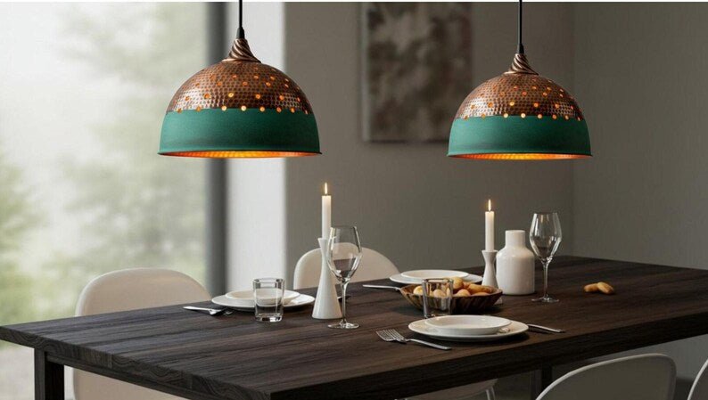 Industrial lighting, Copper Dome Ceiling Pendant Lamp, Rustic chandelier, Hanging Light, Green Patina Lighting,