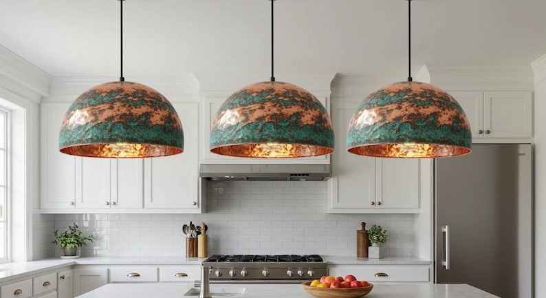 Rustic Chandelier, Copper Farmhouse light fixture, Ceiling Dome Lamp, Dome Lampshades, Industrial light, Kitchen Isalnd,Hanging Pendant Lamp