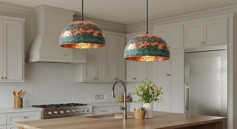 Rustic Chandelier, Copper Farmhouse light fixture, Ceiling Dome Lamp, Dome Lampshades, Industrial light, Kitchen Isalnd,Hanging Pendant Lamp