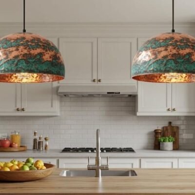 Green Patina Copper Dome Pendant Rustic Artisan Ceiling Lamp