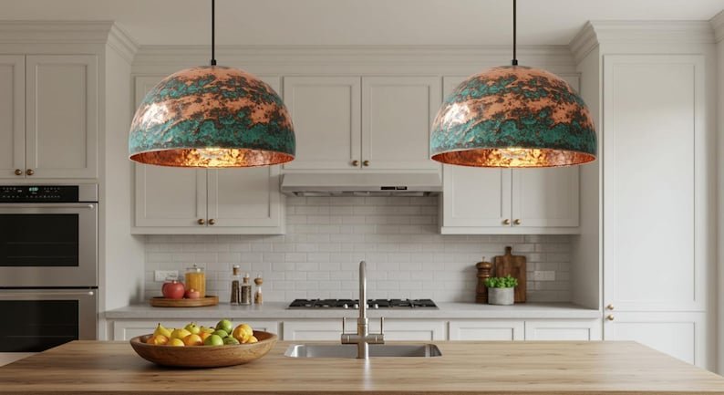 Green Patina Copper Dome Pendant Rustic Artisan Ceiling Lamp