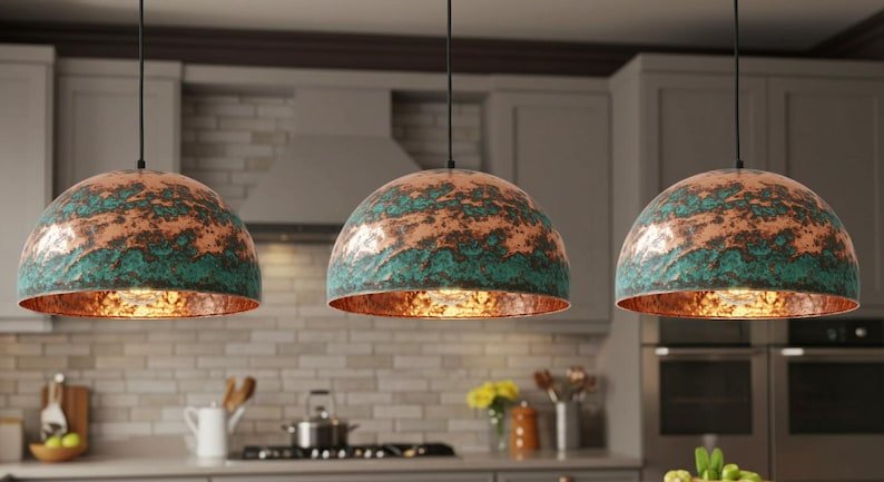 Rustic Chandelier, Copper Farmhouse light fixture, Ceiling Dome Lamp, Dome Lampshades, Industrial light, Kitchen Isalnd,Hanging Pendant Lamp