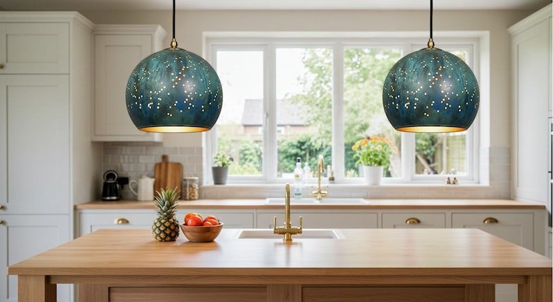 Oxidized Copper Dome Pendant Lamp, Ceiling Dome Lamp, Hanging Light, Rustic decor, Copper Industrial light, Kitchen Island Light blue patina