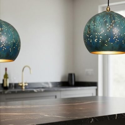 Oxidized Copper Dome Pendant Lamp, Ceiling Dome Lamp, Hanging Light, Rustic decor, Copper Industrial light, Kitchen Island Light blue patina