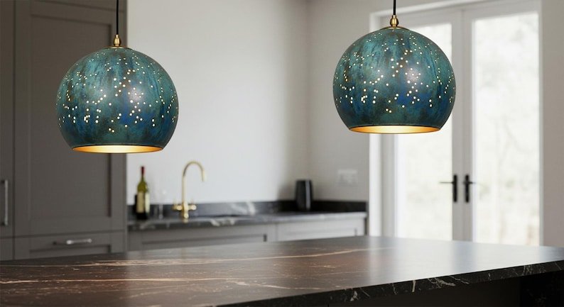Oxidized Copper Dome Pendant Lamp, Ceiling Dome Lamp, Hanging Light, Rustic decor, Copper Industrial light, Kitchen Island Light blue patina