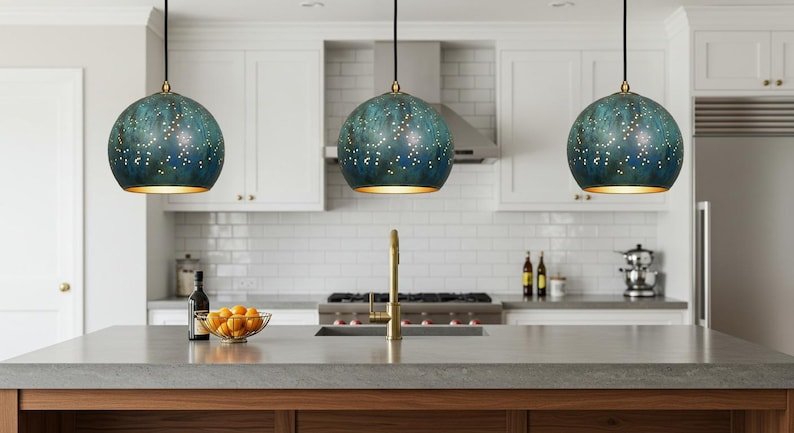 Oxidized Copper Dome Pendant Lamp, Ceiling Dome Lamp, Hanging Light, Rustic decor, Copper Industrial light, Kitchen Island Light blue patina