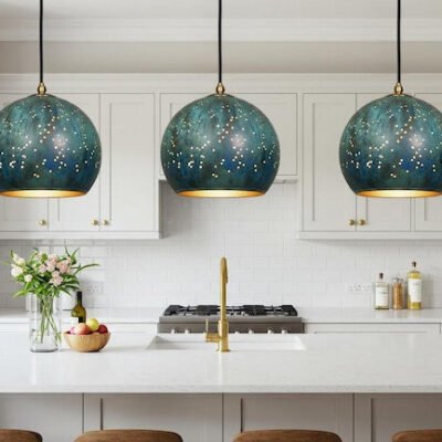 Oxidized Copper Dome Pendant Lamp, Ceiling Dome Lamp, Hanging Light, Rustic decor, Copper Industrial light, Kitchen Island Light blue patina