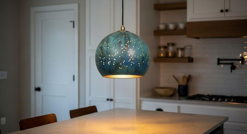 Blue Patina Globe Pendant Starry Moroccan Ceiling Lamp