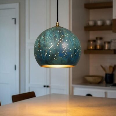 Oxidized Copper Dome Pendant Lamp, Ceiling Dome Lamp, Hanging Light, Rustic decor, Copper Industrial light, Kitchen Island Light blue patina