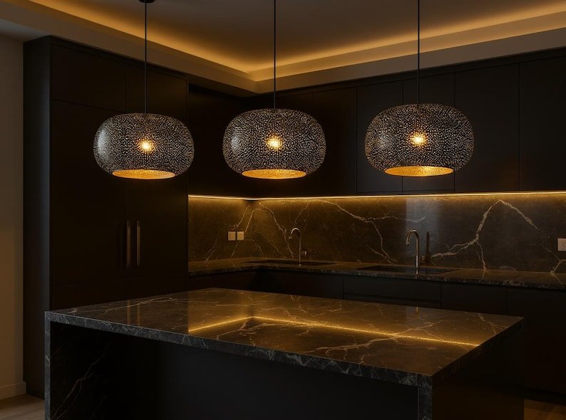 Handmade Moroccan Brass Pendant Light: Dome Ceiling Lamp, Kitchen Island Lighting