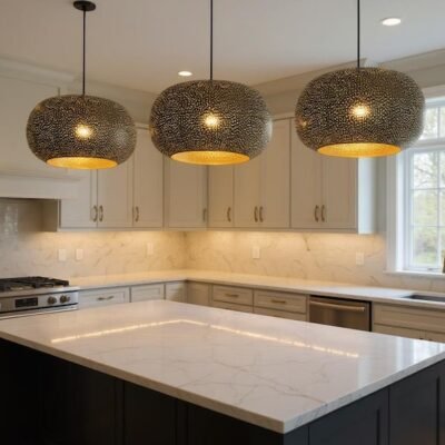 Handmade Moroccan Brass Pendant Light: Dome Ceiling Lamp, Kitchen Island Lighting