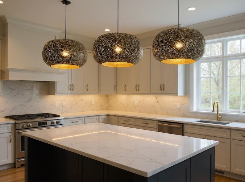 Handmade Moroccan Brass Pendant Light: Dome Ceiling Lamp, Kitchen Island Lighting