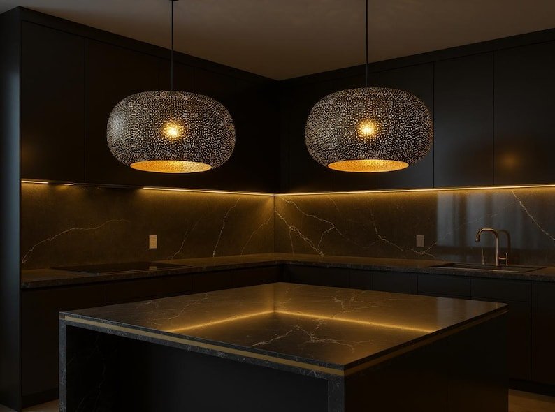 Handmade Moroccan Brass Pendant Light: Dome Ceiling Lamp, Kitchen Island Lighting