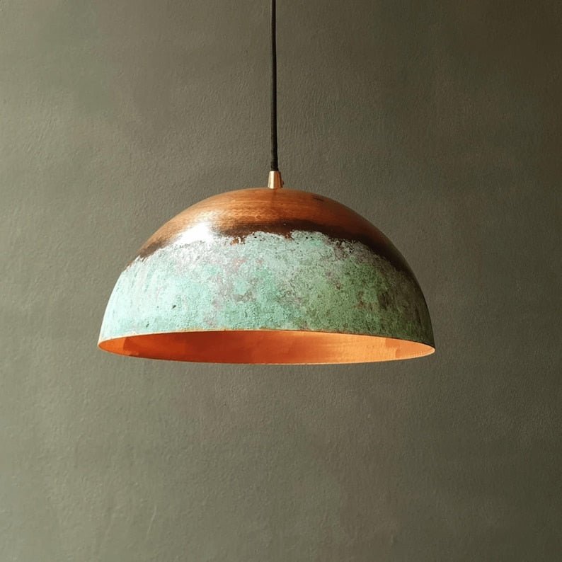 Oxidized Copper Dome Pendant Light β Green Patina Farmhouse Hanging Kitchen Island Lamp for Oxidized Copper Dome Pendant Light β Green Patina Farmhouse Hanging Kitchen Island Lamp for