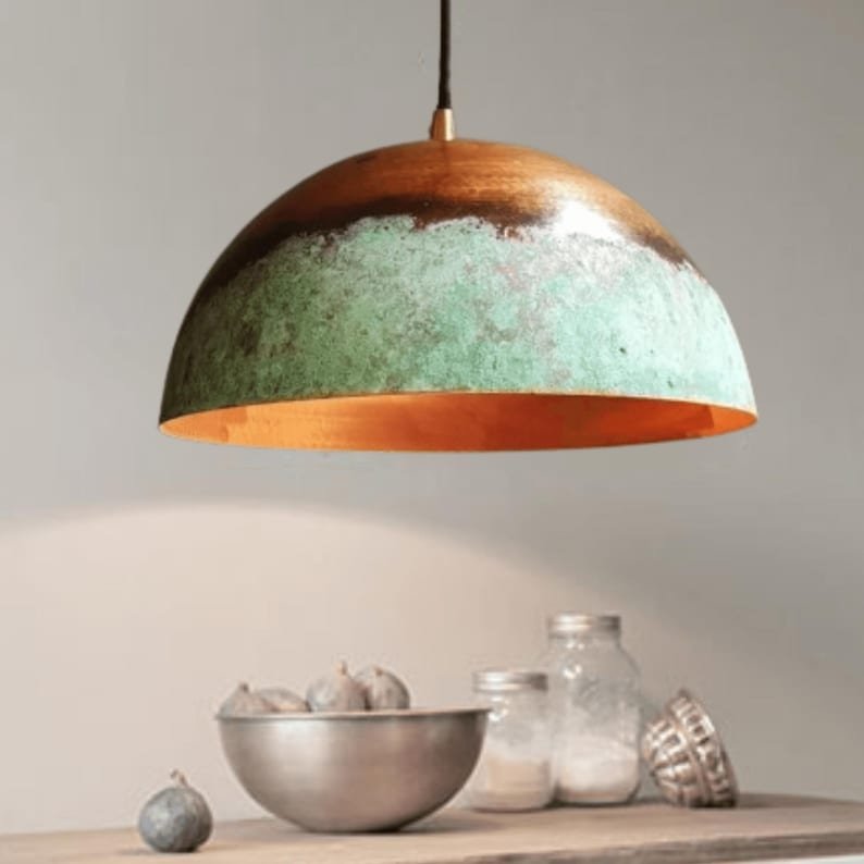 Oxidized Copper Dome Pendant Light β Green Patina Farmhouse Hanging Kitchen Island Lamp for Oxidized Copper Dome Pendant Light β Green Patina Farmhouse Hanging Kitchen Island Lamp for