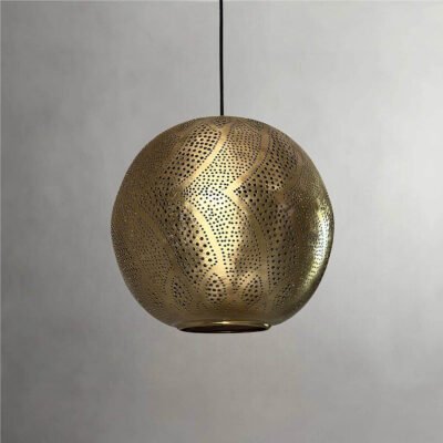 Bronze Globe Pendant Light – Hand-Pierced Moroccan Brass Ceiling Lamp with Shadow Pattern