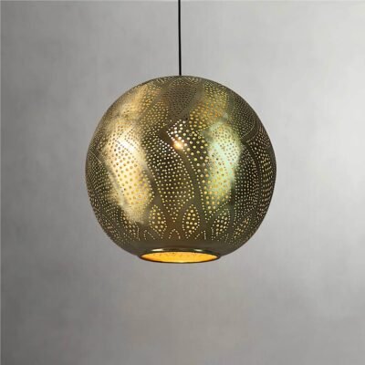 Bronze Globe Pendant Light – Hand-Pierced Moroccan Brass Ceiling Lamp with Shadow Pattern