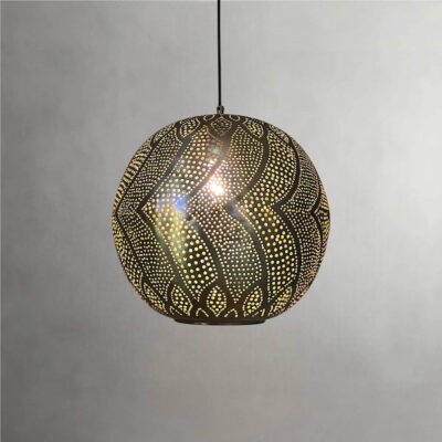 Bronze Globe Pendant Light – Hand-Pierced Moroccan Brass Ceiling Lamp with Shadow Pattern