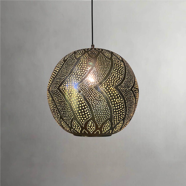 Bronze Globe Pendant Light – Hand-Pierced Moroccan Brass Ceiling Lamp with Shadow Pattern
