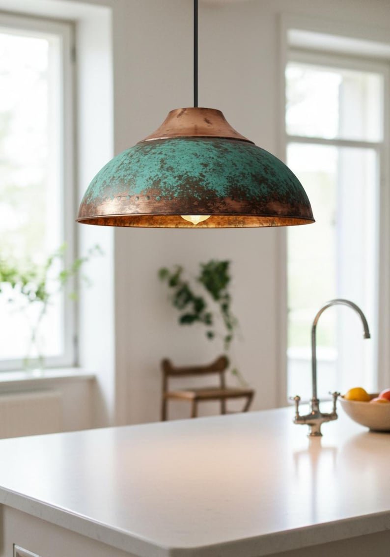 Handmade Oxidized Copper Dome Pendant Light: Industrial Farmhouse Lighting
