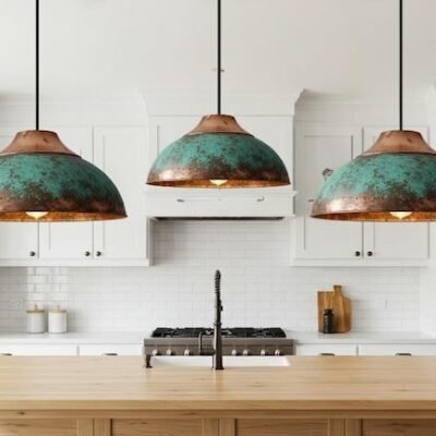 Set of Three Green Patina Domes Farmhouse Kitchen Island Lighting