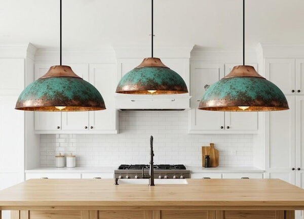 Set of Three Green Patina Domes Farmhouse Kitchen Island Lighting