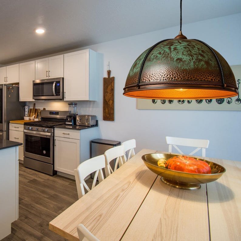 Hammered Copper Dome Pendant Light: Rustic Lodge Chandelier with Verdigris Patina Hammered Copper Dome Pendant Light: Rustic Lodge Chandelier with Verdigris Patina