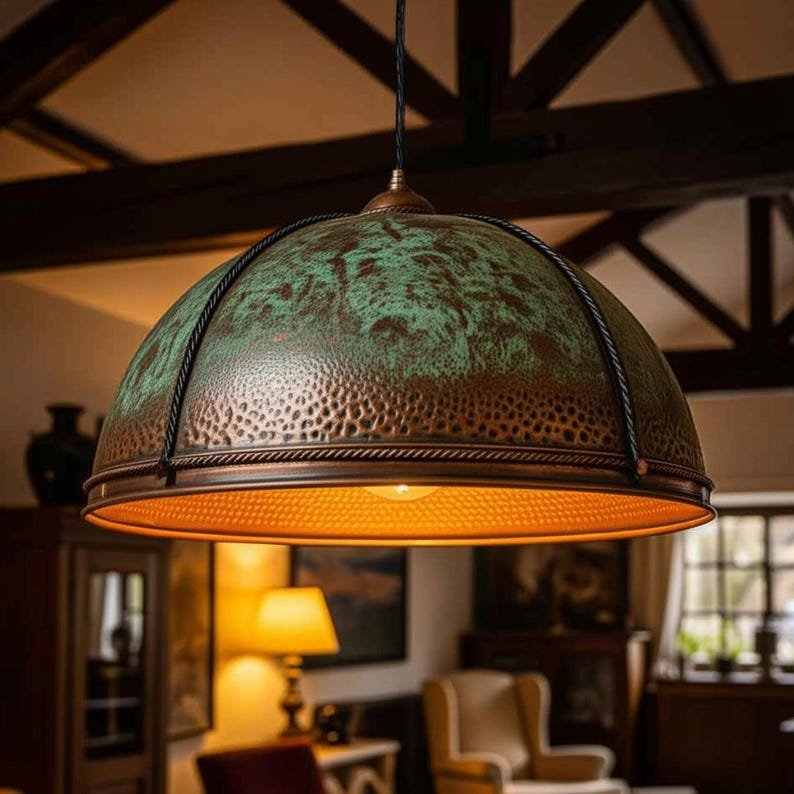 Hammered Copper Dome Pendant Light: Rustic Lodge Chandelier with Verdigris Patina Hammered Copper Dome Pendant Light: Rustic Lodge Chandelier with Verdigris Patina