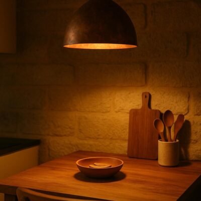 Rustic Luxury Bathroom with Moroccan Copper Pendant Light