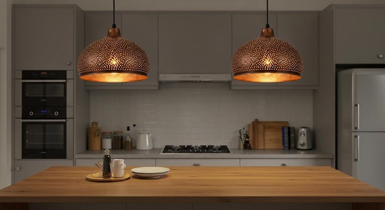 Perforated Copper Dome Pendant Light - Moroccan Style Kitchen Island Lighting - Modern Farmhouse Fixture