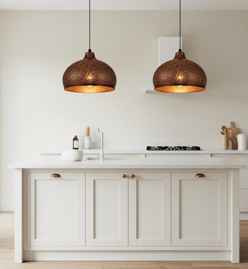 Perforated Copper Dome Pendant Light - Moroccan Style Kitchen Island Lighting - Modern Farmhouse Fixture