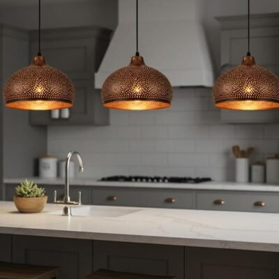 Perforated Copper Dome Pendant Light - Moroccan Style Kitchen Island Lighting - Modern Farmhouse Fixture