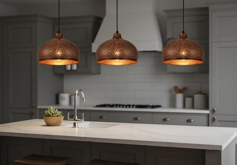 Perforated Copper Dome Pendant Light - Moroccan Style Kitchen Island Lighting - Modern Farmhouse Fixture