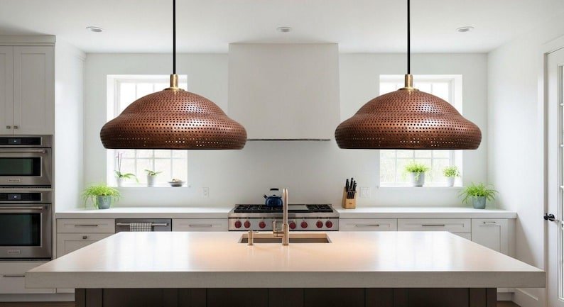 Flat Perforated Copper Pendant Moroccan Boho Island Lamp