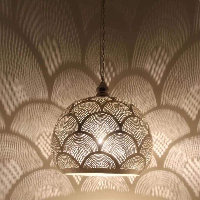 products-MoroccanBrassGlobeCeilingLamp5 Art Deco Moroccan Brass Pendant Light Fan Pattern Shadow Lamp