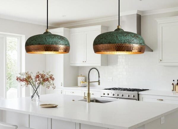 products-MoroccanFarmhouseLighting8 Green Patina Copper Dome Pendant Light Rustic Ceiling Lamp