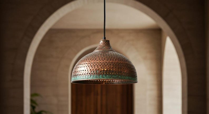 products-MoroccanLighting_RusticChandelier4 Perforated Copper Patina Dome Rustic Moroccan Pendant Light