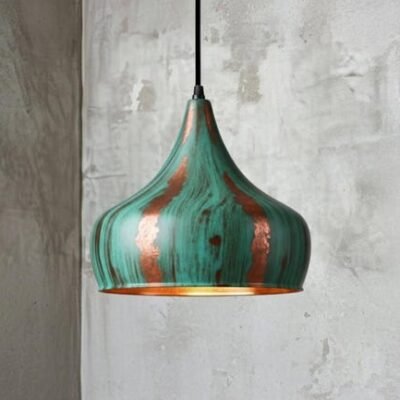 Handcrafted Copper Pendant Light: Green Patina Dome, Moroccan Style Handcrafted Copper Pendant Light: Green Patina Dome, Moroccan Style