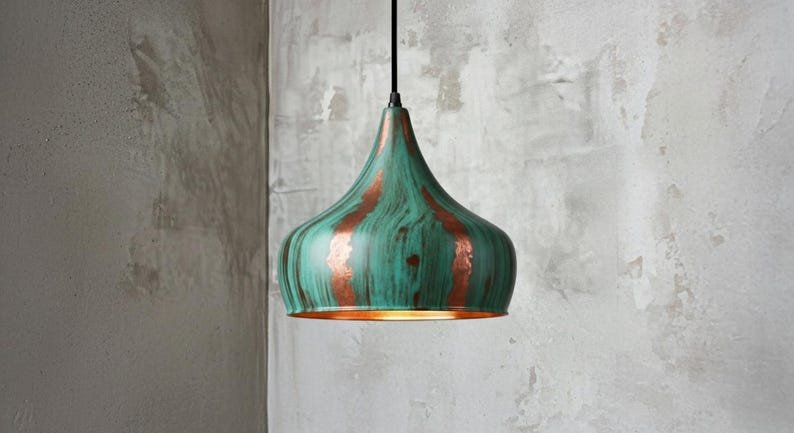 Handcrafted Copper Pendant Light: Green Patina Dome, Moroccan Style Handcrafted Copper Pendant Light: Green Patina Dome, Moroccan Style