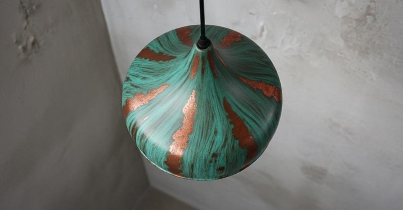 Handcrafted Copper Pendant Light: Green Patina Dome, Moroccan Style Handcrafted Copper Pendant Light: Green Patina Dome, Moroccan Style