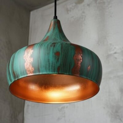 Handcrafted Copper Pendant Light: Green Patina Dome, Moroccan Style Handcrafted Copper Pendant Light: Green Patina Dome, Moroccan Style